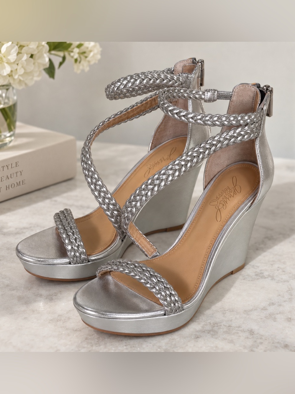 Jewel Badgley Mischka Silver Braided-Strap Wedge Sandals